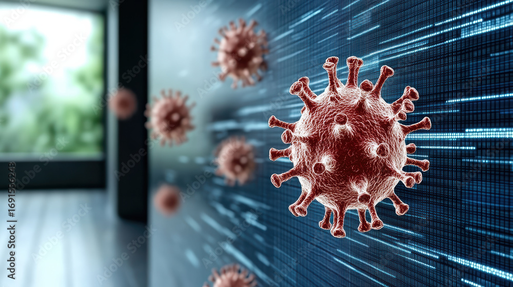 Poster digital representation of virus with data visualization background, symbolizing health