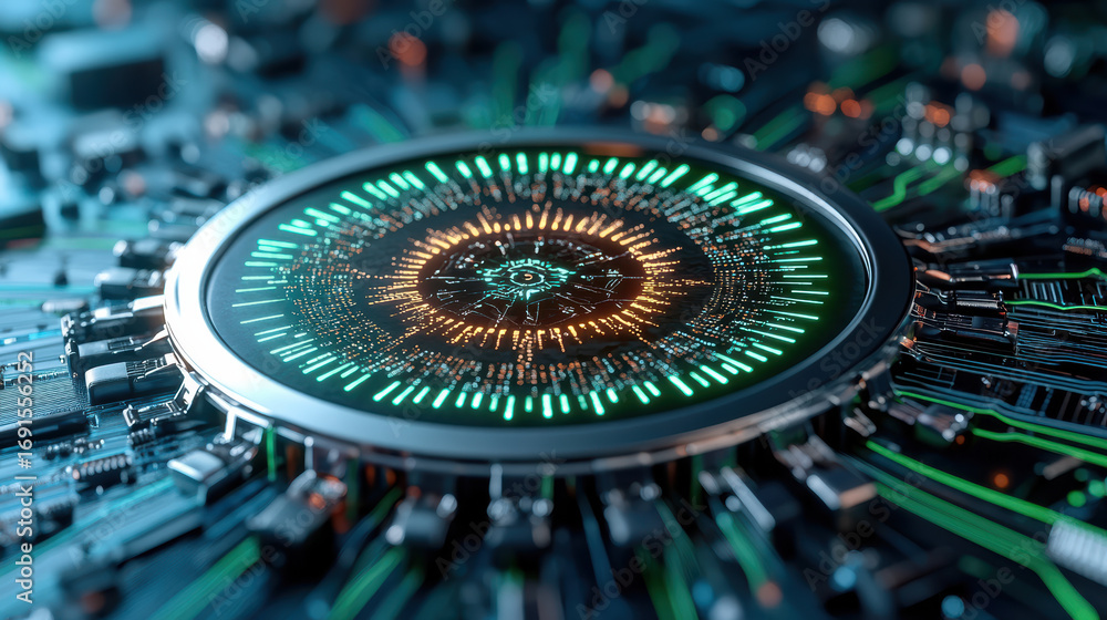 Poster high tech circuit board with glowing elements, showcasing intricate design and vibrant colors