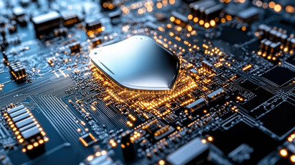 Close up of animated shield on circuit board with glowing lights and intricate details