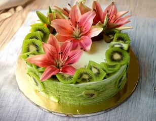 Beautifully decorated cake with lilies and kiwi slices 