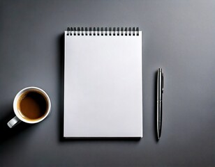  Blank notebook and coffee cup with pen on gray background white background 
