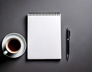  Blank notebook and coffee cup with pen on gray background white background 