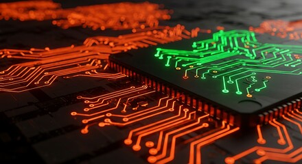 Close-up of a complex circuit board with glowing green and orange pathways, representing technology and data flow