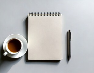  Blank notebook and coffee cup with pen on gray background white background 