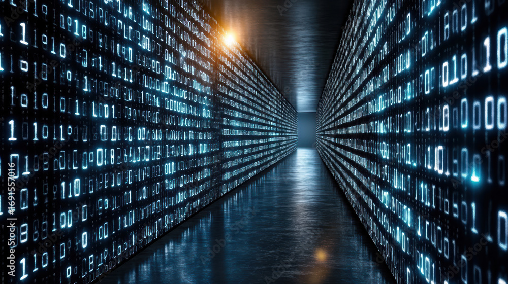 Aufkleber digital corridor with binary code futuristic technology data abstract illuminated dark