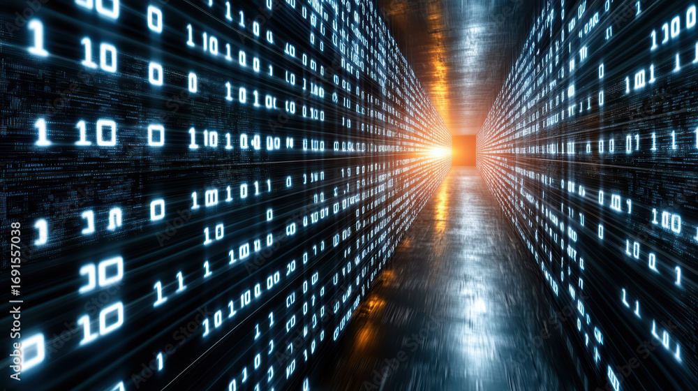 Aufkleber digital tunnel with binary code glowing light futuristic technology data visualization