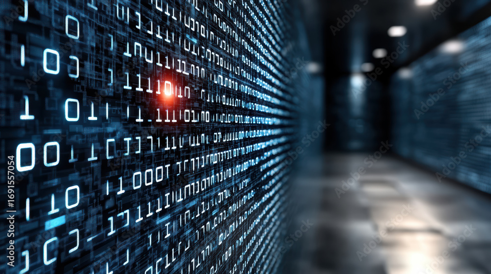 Poster digital binary code futuristic hallway technology background illuminated data stream