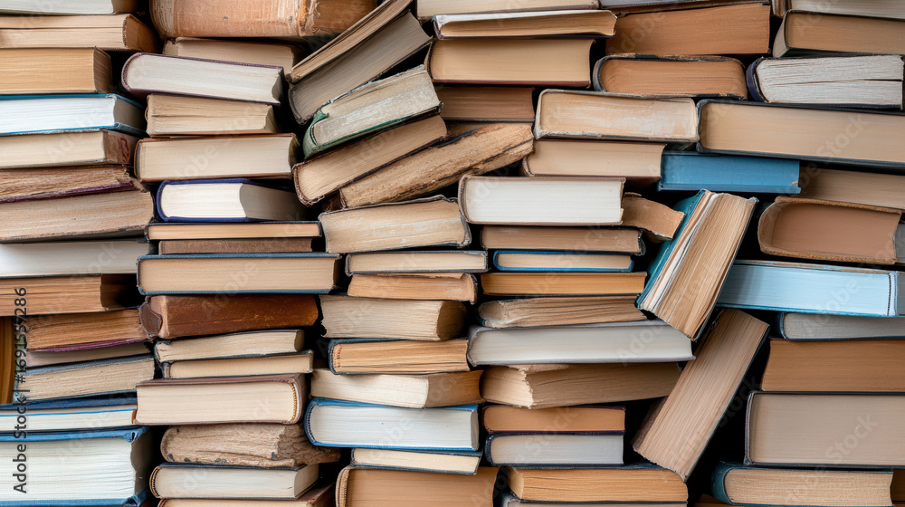 Poster stacked books create visually appealing and organized display of literature
