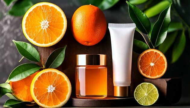  Citrus skincare products with fresh fruit and leaves 