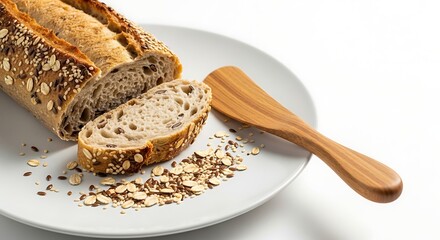 Artisan bread loaf with seeds and grains served on white plate with wooden knife