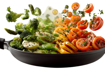 Fresh Vegetables in a Frying Pan with Steam and Motion cooking food isolated on a transparent background