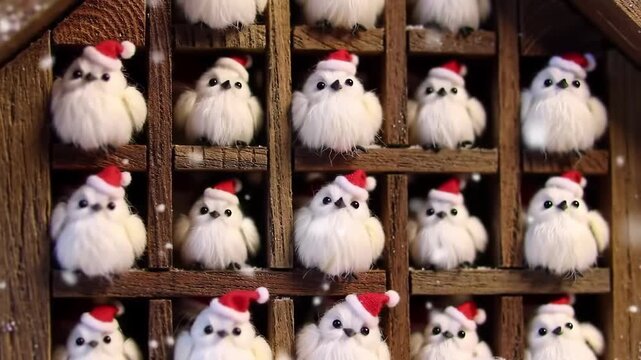 Charming grid of fluffy white songbirds in tiny wooden birdhouse cubbies, each wearing a red Santa hat as gentle snow falls 