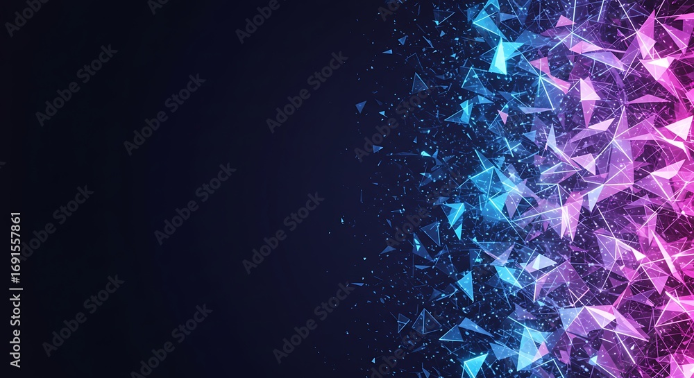 Aufkleber exploding triangular particles with a glowing neon plexus effect in blue and magenta, representing a