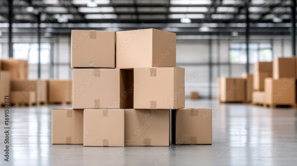 Poster stacked cardboard boxes in spacious warehouse create organized and efficient atmosphere
