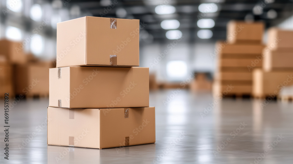 Poster stacked cardboard boxes in spacious warehouse create organized and efficient atmosphere