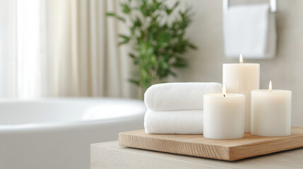 Relaxing candles and soft towels near bathtub create serene atmosphere for self care