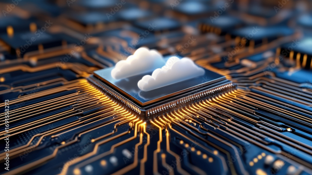 Poster cloud computing technology integrated into microchip design, showcasing innovation