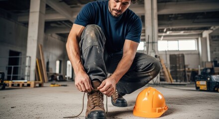 A man tying his shoelaces in a construction site.