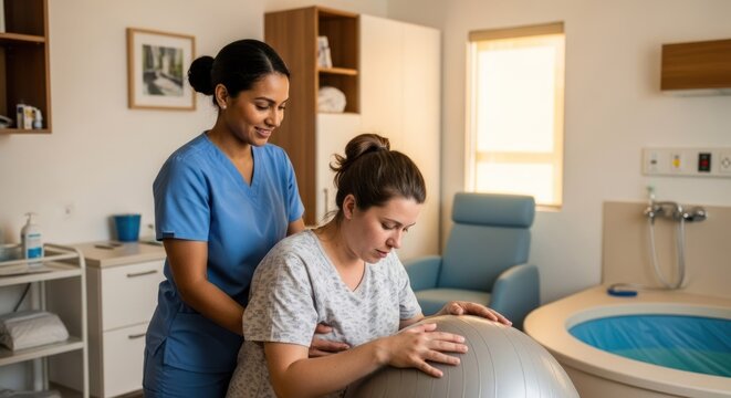 A healthcare professional assisting a pregnant woman in a birthing center.