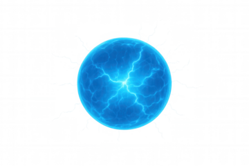 Glowing blue energy sphere pulsing with electric currents, radiating dynamic power against transparent backdrop