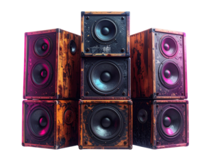 Pile of Vintage Speakers with Neon Glow – Futuristic Retro Style