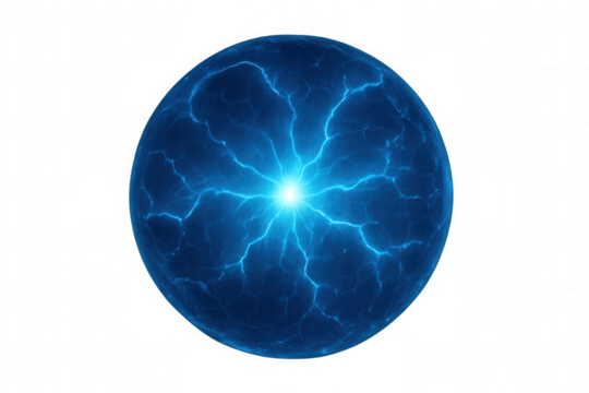 Luminous blue energy sphere glowing with electric power, representing technological innovation against transparent backdrop
