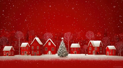 Festive Red Christmas Village Scene with Snow Covered Houses and Tree Under Starry Sky