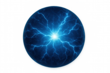 Glowing blue energy sphere pulsing with electrical currents, radiating dynamic power against transparent backdrop
