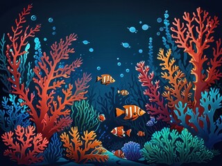 Colorful Cartoon Underwater Coral Reef with Tropical Fish