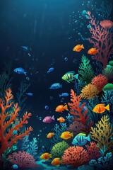Colorful Cartoon Underwater Coral Reef with Tropical Fish