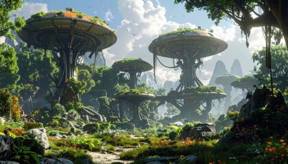A lush, overgrown landscape showcases futuristic structures nestled amidst a vibrant forest.