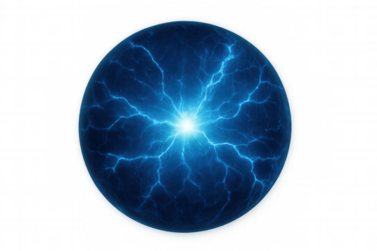 Glowing blue energy sphere pulsing with electrical currents, radiating dynamic power against transparent backdrop