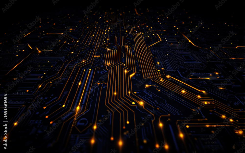 Poster close-up view of a complex electronic circuit board with glowing components