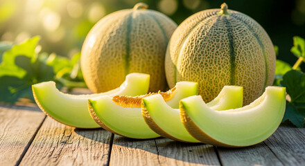 Delicious, fresh cantaloupe melons and ripe slices on a rustic wooden table with sunlit green leaves. Perfect for food, healthy eating, and summer themes.	