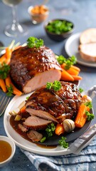 Glazed ham with carrots and sauce