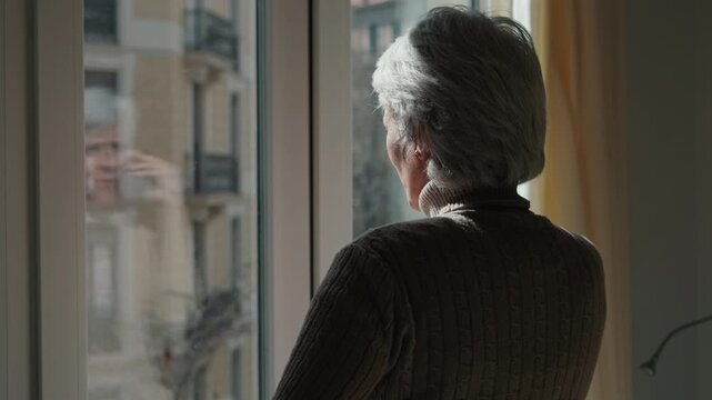 An elderly woman stands by the window, gazing out at the city. She reflects on life, feeling isolated and alone in her apartment. Themes of aging, loneliness, and urban living.