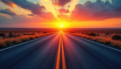 Naklejka premium Endless asphalt ribbon stretching towards a vibrant sunset horizon, promising adventure and freedom on the open road Perfect for travel, wanderlust, and vacation themes , asphalt, warm, golden hour
