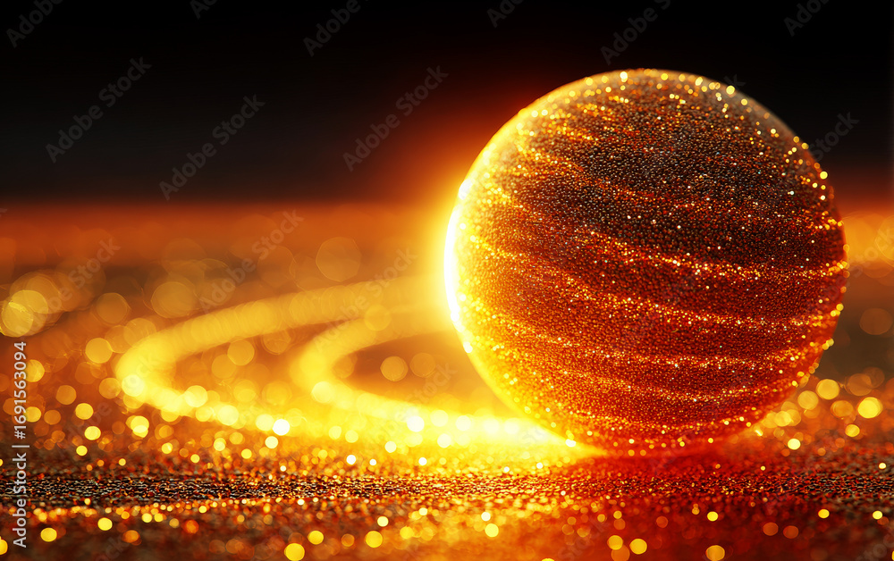 Poster shiny golden spherical object with glowing trails around