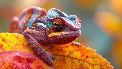 A vibrantly colored chameleon rests gracefully on a leaf, showcasing its stunning, multi-hued scales against a backdrop of autumnal foliage.