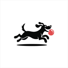 Black Silhouette of a Happy Dog Running with a Red Ball puppy canine