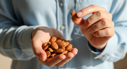 hands holding a handful of almonds, a healthy and nutritious snack. This image represents clean eating, healthy living, and natural food options.