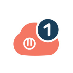 Coral cloud icon with a dark blue circle containing the number one Keywords: cloud, icon, symbol, notification