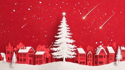 Festive White Christmas Tree in Snowy Village Scene with Shooting Stars and Red Sky