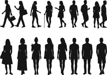 Silhouettes of Men and Women Walking and Standing, Vector Illustration of People in Various Poses for Design and Animation Projects