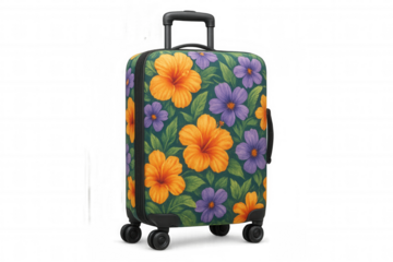 Vintage floral luggage sitting against transparent backdrop, suggesting wanderlust and sun-soaked journeys