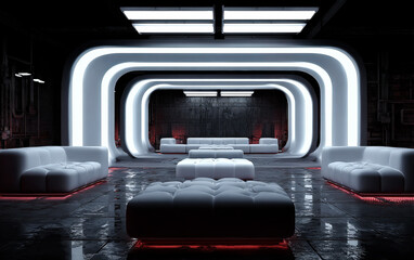 Fototapeta premium Futuristic interior with sleek white sofas and neon lights
