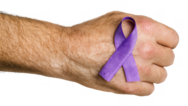 Hand with purple ribbon for Alzheimer’s, created with AI, PNG
