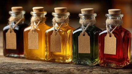 Five small glass bottles with cork stoppers and craft paper labels, various colored liquids