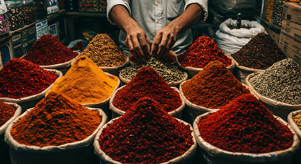 A vendors hands sift through a colorful array of aromatic spices displayed in large bowls at a bustling market stall, showcasing a vibrant and diverse culinary ingredient selection