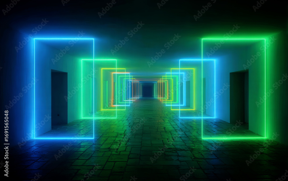 Poster neon light framed rectangular shapes creating a futuristic corridor effect